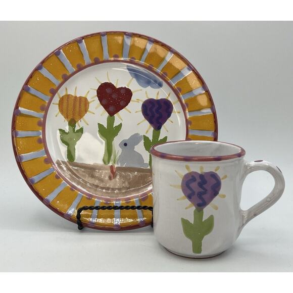 Rabbit Heart Flowers Childs Dining Set Plate Cup Hand Painted Pottery Hungary - Picture 1 of 10